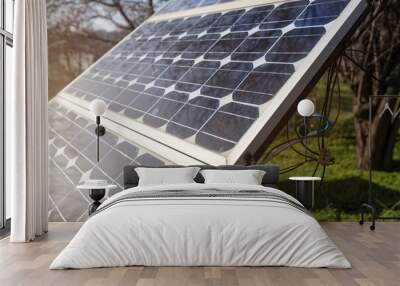 Old small solar panel photovoltaic electric system for home in the village. Alternative energy concept. Wall mural