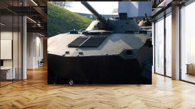 Parts of the hull of the armored infantry vehicle. In front and back of vehicle stays many different armored military vehicles. Military equipment outdoor open air museum. Wall mural