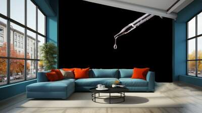 The falling drop of transparent liquid isolated on the black background Wall mural