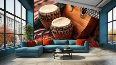 Acoustic guitar leaning against two hand drums on a vibrant blanket Wall mural