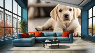 Adorable labrador puppy dog lying on the floor at home Wall mural