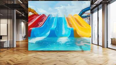 Aqua park water slides going down to the refreshing blue pool on a sunny summer day Wall mural