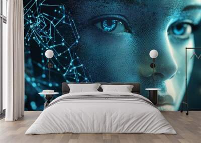 Artificial intelligence woman face emerging from futuristic network data grid Wall mural