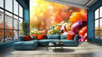 Autumn harvest still life with fruits and vegetables displayed on rustic wood Wall mural