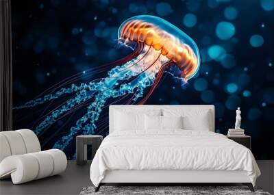 Bioluminescent jellyfish swimming in deep blue ocean water Wall mural