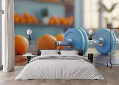 Blue dumbbell and three oranges rest on a wooden table, promoting a healthy lifestyle and fitness focus Wall mural