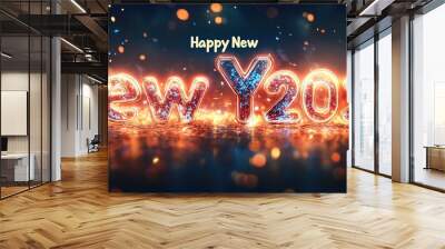 Burning text happy new year 2025 on fire background Wall mural