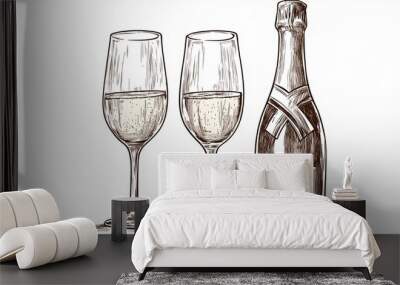 Champagne bottle standing with two full champagne flutes sketch Wall mural