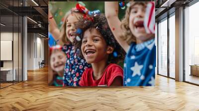 Children happily celebrating independence day with american flags and confetti Wall mural