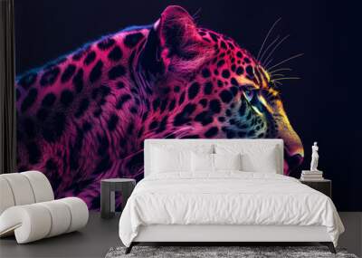 Close-up of a jaguar with vivid neon lighting against a dark background Wall mural