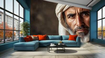 Close up portrait of a solemn, aged, middle eastern gentleman with a white beard Wall mural