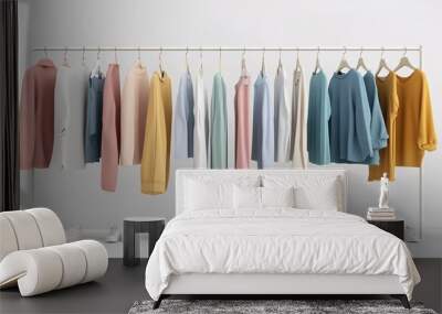 Clothes rack displaying minimalist pastel fashion with shoes Wall mural