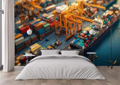 Container ship being loaded with cargo in busy port at sunset Wall mural