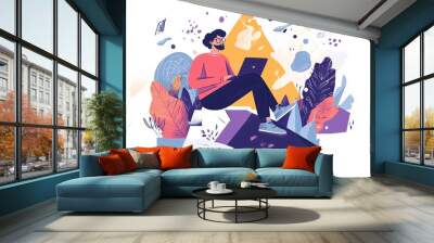 Creative freelancer working on laptop in abstract nature environment Wall mural