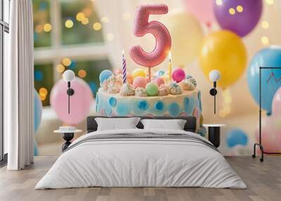 Delicious birthday cake with number five candle celebrating fifth anniversary Wall mural