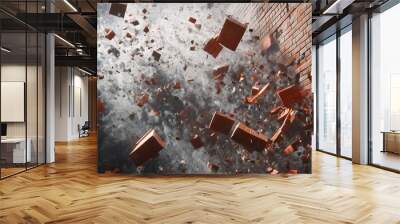 Exploding brick wall sends bricks and dust flying into the air Wall mural