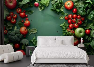 Frame of fresh vegetables and fruits on a green table with space for text in the center Wall mural