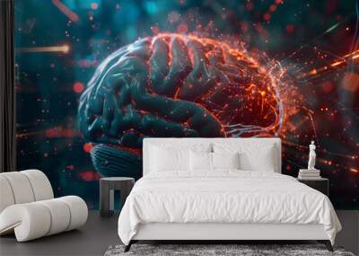 Futuristic visualization of a brain with digital neural connections on a blue tech background Wall mural