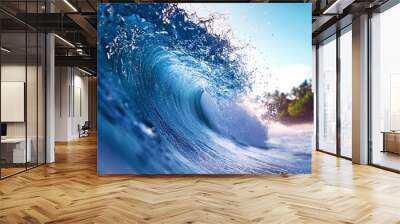 Giant blue ocean wave breaking on tropical beach shore Wall mural