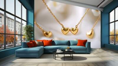 Gold necklace with two hearts pendant lying on white silk background Wall mural