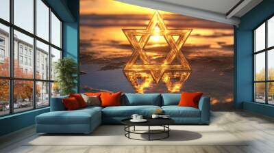 Golden star of david reflecting on the beach at sunset Wall mural