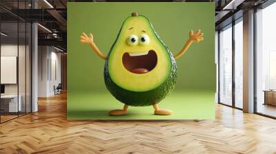 Happy cartoon avocado character waving and smiling on green background Wall mural