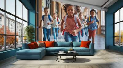 Happy children running in school hallway Wall mural