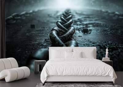 Heavy chain lying on wet asphalt leading to the light Wall mural