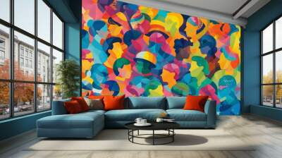 Illustration of a diverse crowd of people looking right with colorful overlapping shapes Wall mural