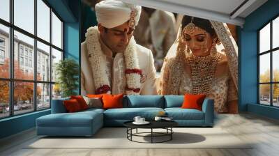 Indian couple wearing traditional clothes getting married during wedding ceremony Wall mural