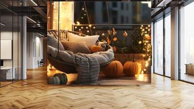 Inviting fall atmosphere with a cozy hanging swing chair on a balcony adorned with fairy lights and pumpkins Wall mural