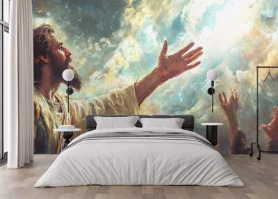 Jesus christ raising hands to heaven with people reaching for him Wall mural