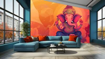 Lord ganesha in lotus pose surrounded by vibrant flowers on abstract orange background: peaceful expression illustration Wall mural