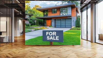 Modern home for sale with for sale sign displayed on lush green front yard Wall mural