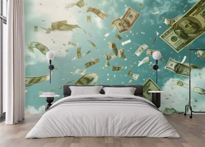 Money rain - dollar bills falling from the sky Wall mural