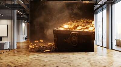 Open ancient treasure chest overflowing with gold coins in a smoky room Wall mural