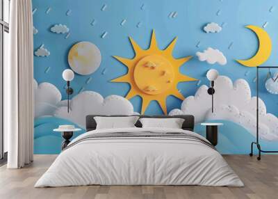 Paper art style background depicting a surreal weather forecast with sun, moon and planet Wall mural