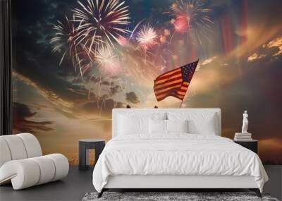 Patriotic celebration with fireworks and american flag Wall mural