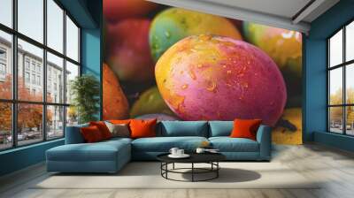 Pile of vibrant and textured ripe mangoes, adorned with clinging water droplets, display their rich colors Wall mural