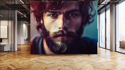 Portrait of a handsome bearded man with long hair looking serious Wall mural