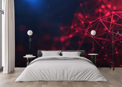 Red abstract plexus network design with lens flare on a dark background Wall mural