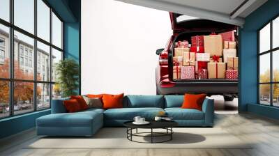 Red car overloaded with christmas gift boxes on white background Wall mural