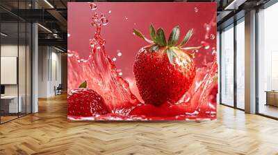 Ripe strawberries splashing into refreshing juice on red background Wall mural