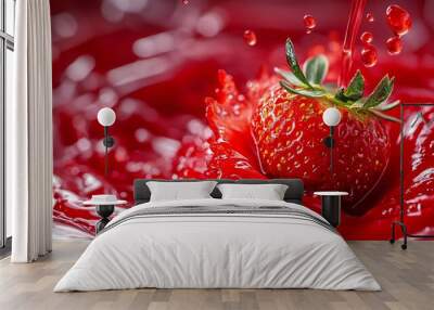 Ripe strawberry splashing into refreshing red juice drink Wall mural