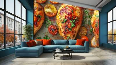 Roasted chicken drumsticks with tomatoes and herbs on baking sheet Wall mural