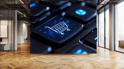 Shopping cart symbol glowing on a dark keyboard key representing online shopping and ecommerce Wall mural