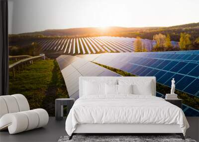 Solar panels (solar cell) in solar farm with sun lighting to create the clean electric power Wall mural