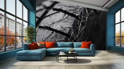 Spider web growing on the tread of an abandoned tire, providing a moody and textured background Wall mural