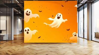 Spooky white ghosts flying on orange halloween background Wall mural