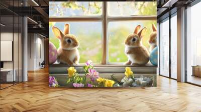 Three adorable bunnies sitting on a window sill with colorful easter eggs and spring flowers Wall mural